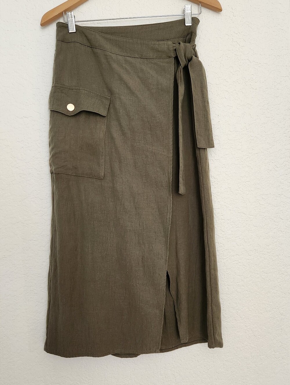 Nine West Olive Wrap Midi Skirt with Side Pocket and Tie